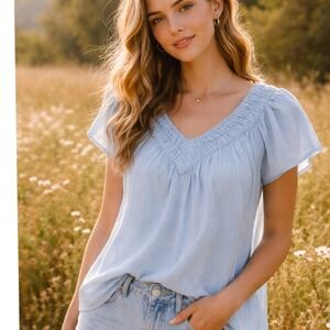 Lucky Brand Light Blue Peasant Blouse Flutter Sleeve Boho Top S